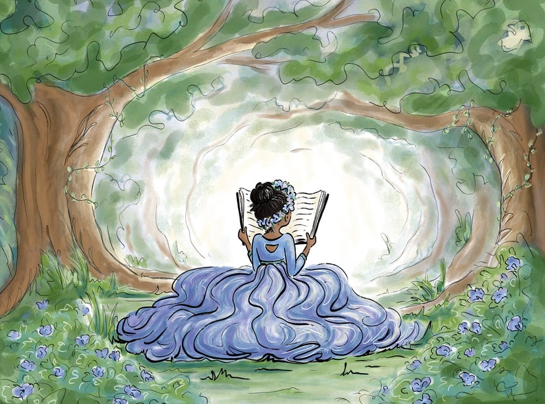 Pode incluir: Ilustra&ccedil;&atilde;o de uma pessoa com um vestido azul lendo um livro em uma clareira na floresta. A pessoa est&aacute; sentada de costas para o espectador, cercada por &aacute;rvores e flores. A obra de arte tem um estilo suave, em aquarela.