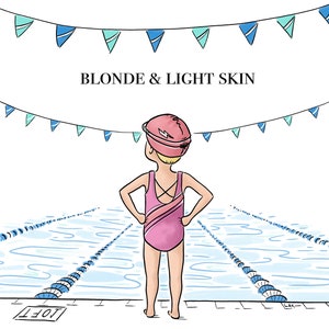 May include: Illustration of a person in a pink swimsuit and swim cap, standing at the edge of a pool. The text "BLONDE & LIGHT SKIN" is above the person. Blue and teal pennants hang above the scene.