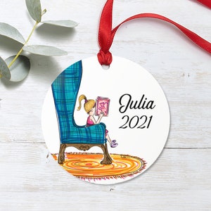 Girl Reading Ornament - Custom Aluminum Ornament - Gift for Book Lover - Ornament for Girls - Gift for Reader - Library - Name on Ornament