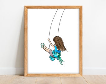 Girl Swinging Print - Art for Toddler Girls Room - Girl on Swing - Nursery Wall Art - Art for Little Girls - Nursery Wall Decor