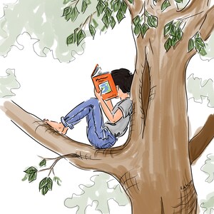 May include: Illustration of a person reading a book while sitting on a tree branch. The person is wearing a gray shirt and blue jeans. The book has an orange cover. The tree has brown bark and green leaves.