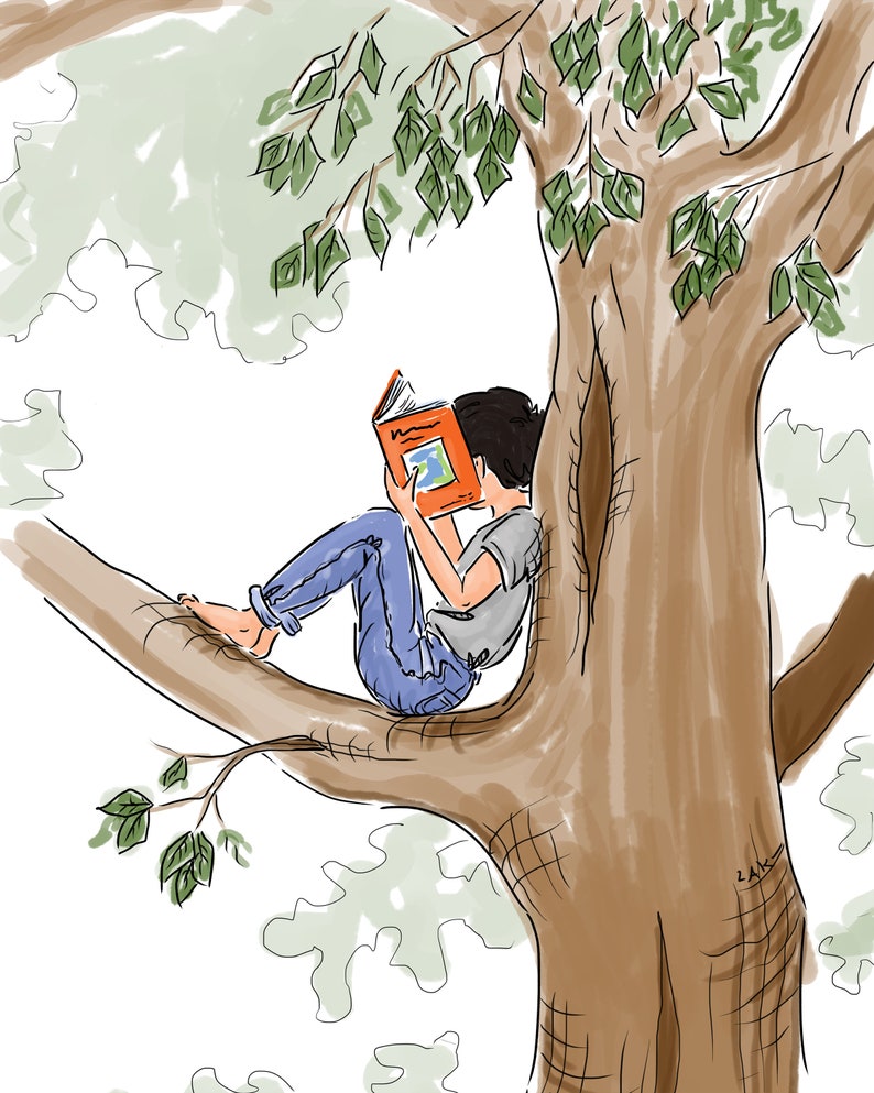 May include: Illustration of a person reading a book while sitting on a tree branch. The person is wearing a gray shirt and blue jeans. The book has an orange cover. The tree has brown bark and green leaves.