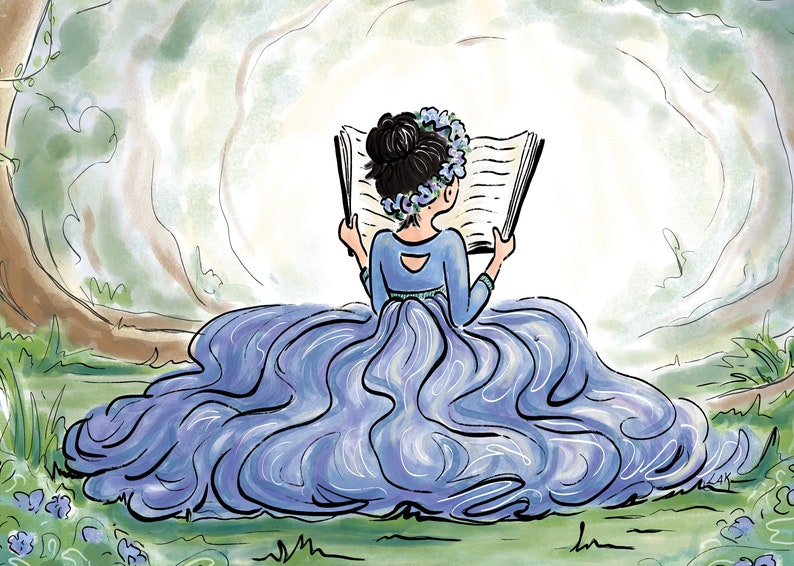 Pode incluir: Ilustra&ccedil;&atilde;o de uma pessoa com um vestido azul lendo um livro ao ar livre. A pessoa est&aacute; usando uma coroa de flores e est&aacute; cercada por &aacute;rvores e folhagens. O vestido tem uma saia esvoa&ccedil;ante e uma abertura nas costas.