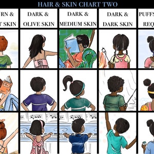 May include: An illustrated chart titled "HAIR & SKIN CHART TWO" with nine panels. Each panel features a child with different skin tones and hairstyles. The chart includes text labels such as "AUBURN & LIGHT SKIN" and "DARK & OLIVE SKIN". The children are engaged in various activities.