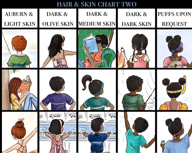 May include: An illustrated chart titled "HAIR & SKIN CHART TWO" with nine panels. Each panel features a child with different skin tones and hairstyles. The chart includes text labels such as "AUBURN & LIGHT SKIN" and "DARK & OLIVE SKIN". The children are engaged in various activities.