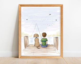 Boy Fishing with Dog - Boy and Dog Artwork - Boy with Dog Print - Southern Boy - Outdoors - Boy in Nature - Art for Boys Room -