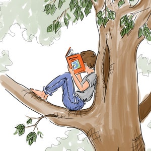 May include: Illustration of a person reading a book while sitting on a tree branch. The person is wearing a gray shirt and blue jeans. The book has an orange cover. The tree has brown bark and green leaves.