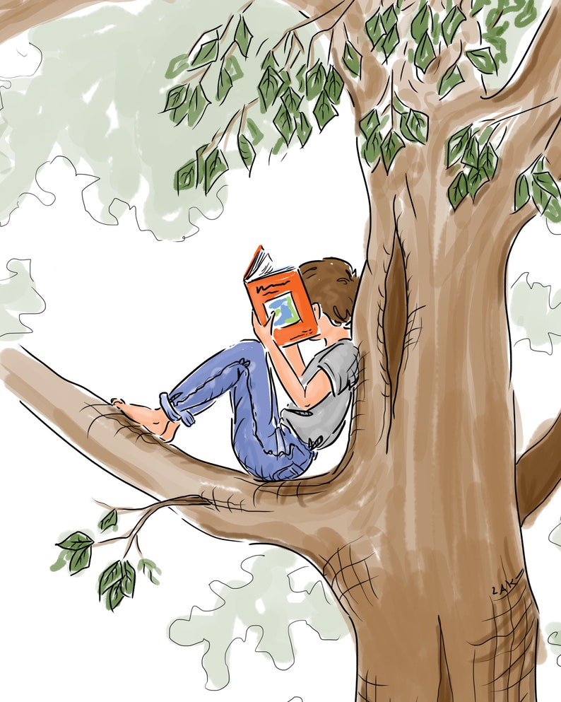 May include: Illustration of a person reading a book while sitting on a tree branch. The person is wearing a gray shirt and blue jeans. The book has an orange cover. The tree has brown bark and green leaves.