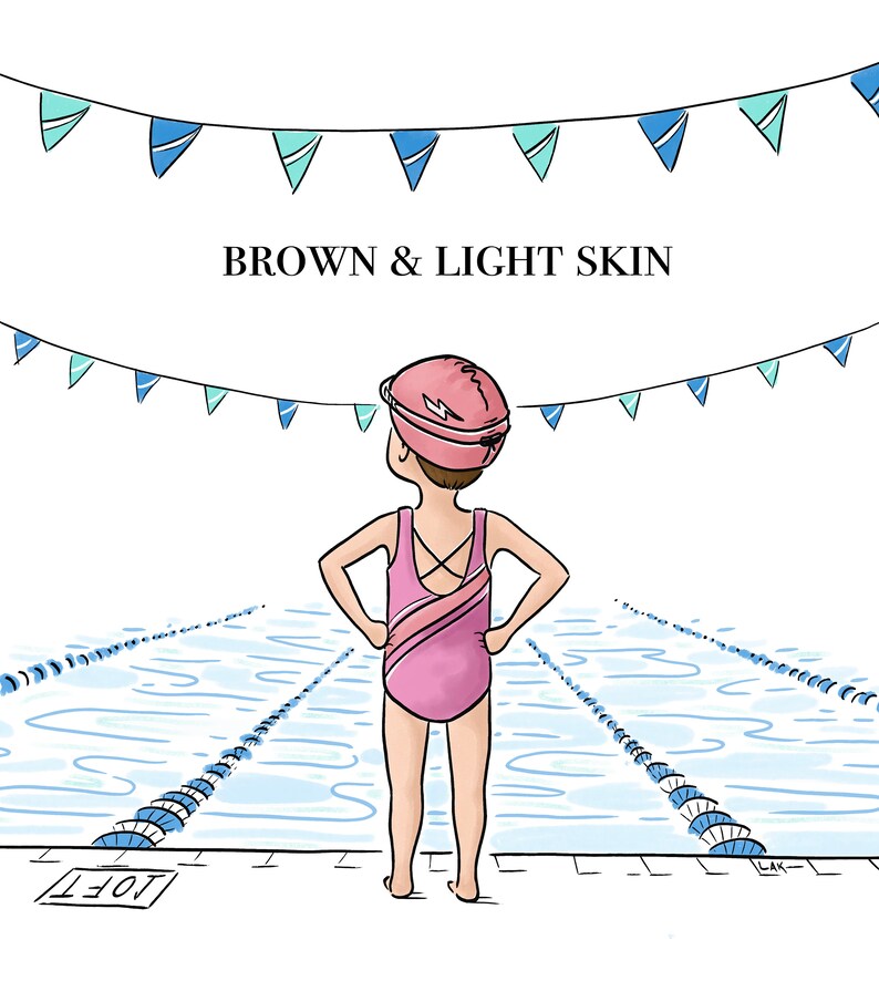 May include: Illustration of a person in a pink swimsuit and swim cap, standing at the edge of a pool. The swimsuit has a crisscross back design. The text "BROWN & LIGHT SKIN" is above the person. Blue and teal pennants hang above.