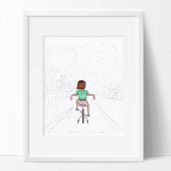 Artwork For Girls Room Girl Riding Bike Bicycle Girl Outdoors Drawing Of Girl Playing Pink Wall Art Cute Wall Decor For Girls Artwork