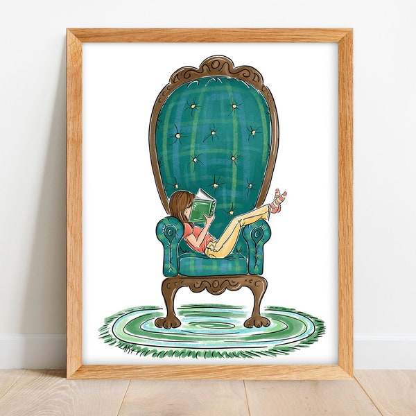 Print of a girl Reading Book in Chair - Reading Nook Wall Art - Kids Reading Drawing - Art for Classroom - Girls Room Wall Decor - Teen Girl