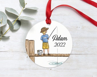 Boy Fishing Ornament - Custom Ceramic Ornament - Fishing Pole Ornament - Fishing from Dock Ornament - Angler Ornament - Outdoorsman Gift