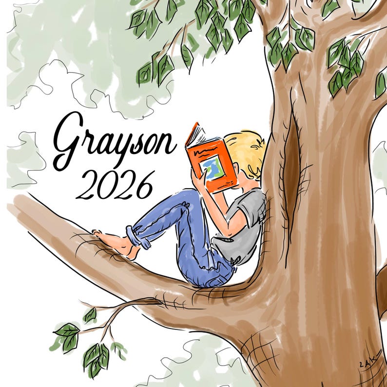 May include: A digital illustration of a person with blonde hair sitting in a brown tree, reading an orange book. The person wears a gray shirt and blue jeans. The text Grayson 2026 is printed in black script and serif font on the left side.