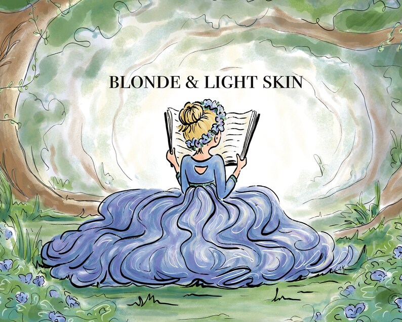 Pode incluir: Ilustra&ccedil;&atilde;o de uma pessoa loira e de pele clara lendo um livro em uma floresta. A pessoa est&aacute; usando um vestido azul e uma coroa de flores. O texto "BLONDE & LIGHT SKIN" est&aacute; no topo.