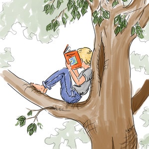 May include: Illustration of a person reading a book while sitting on a tree branch. The person is wearing a gray shirt and blue jeans. The book has an orange cover. The tree has brown bark and green leaves.