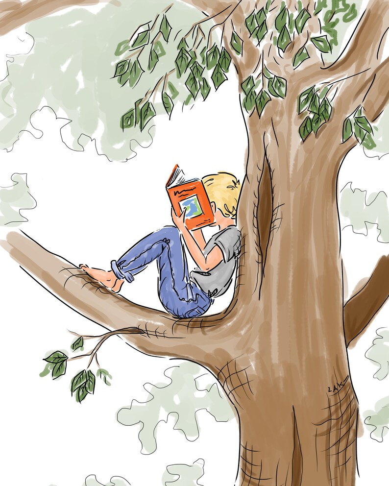 May include: Illustration of a person reading a book while sitting on a tree branch. The person is wearing a gray shirt and blue jeans. The book has an orange cover. The tree has brown bark and green leaves.