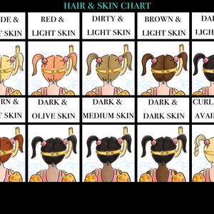 May include: A chart displaying various hair and skin tone combinations. The top row features blonde, red, dirty, brown, and dark hair with light skin. The bottom row shows auburn, dark olive, dark medium, dark dark, and curly hair options.
