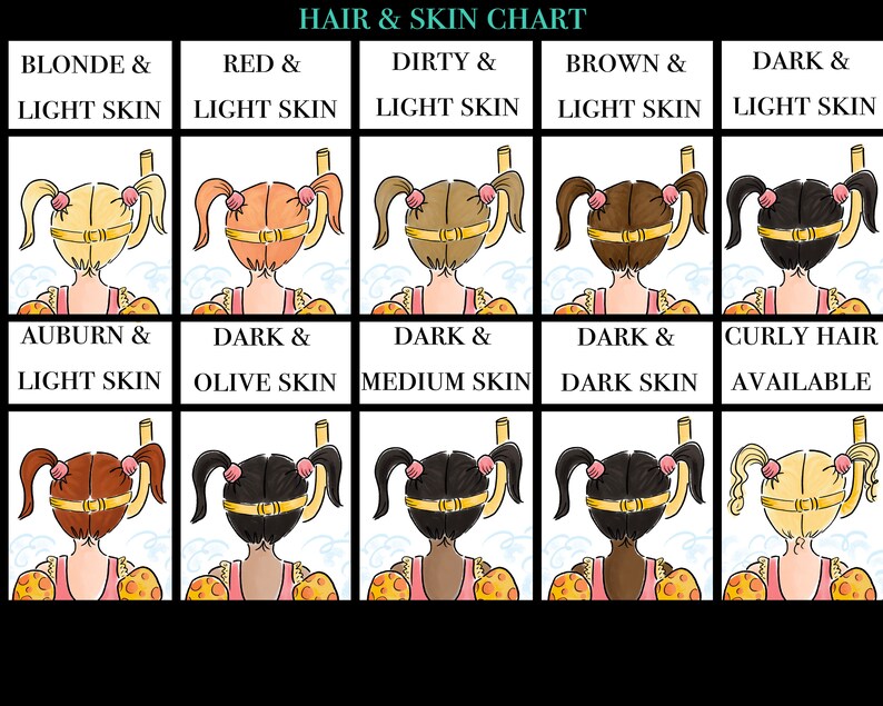 May include: A chart displaying various hair and skin tone combinations. The top row features blonde, red, dirty, brown, and dark hair with light skin. The bottom row shows auburn, dark olive, dark medium, dark dark, and curly hair options.