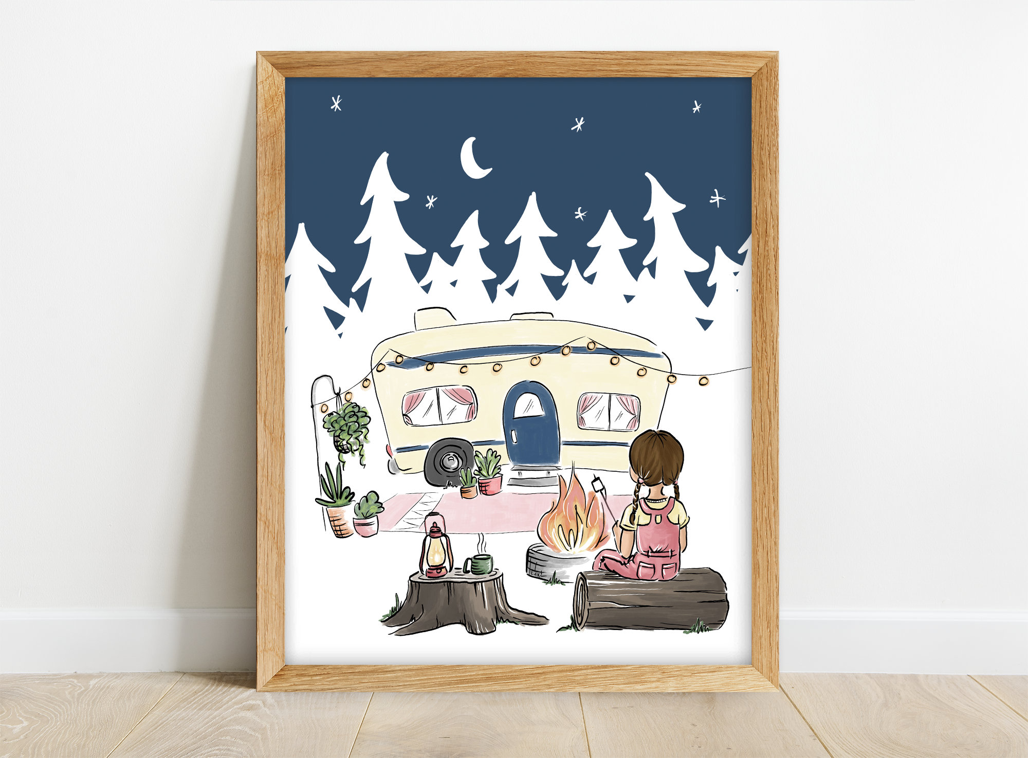 Camping Art - Camper Wall Decor - Vintage Camper Drawing - RV Art - Camping Gift - Girl in Nature