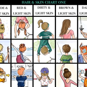 May include: An illustrated chart titled "HAIR & SKIN CHART ONE" with various cartoon figures. The chart is divided into sections, each labeled with a hair color and skin tone combination, such as "BLONDE & LIGHT SKIN" and "RED & LIGHT SKIN".