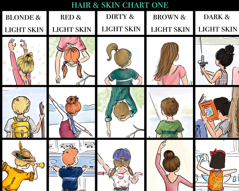 May include: An illustrated chart titled "HAIR & SKIN CHART ONE" with various cartoon figures. The chart is divided into sections, each labeled with a hair color and skin tone combination, such as "BLONDE & LIGHT SKIN" and "RED & LIGHT SKIN".