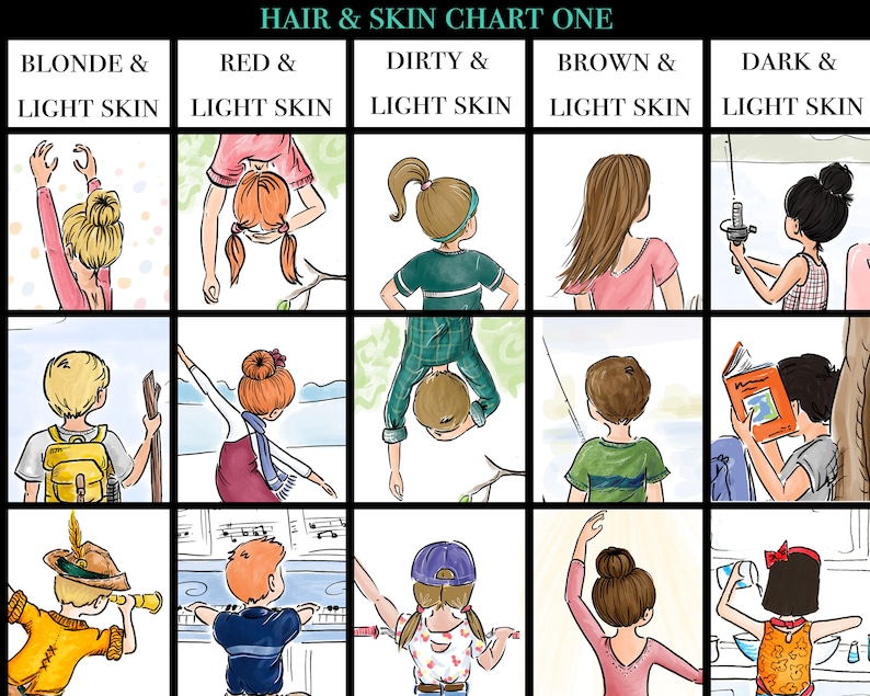 May include: A grid-style hair and skin chart titled HAIR & SKIN CHART ONE, featuring fifteen illustrated figures categorized by hair color and light skin tone, including blonde, red, dirty blonde, brown, and dark hair in various activities.