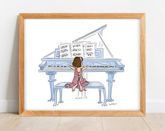 Girl Playing Piano - Music Art - Kids Music Room Decor - Art for Girls - Grand Piano - Little Pianist - Classroom Poster