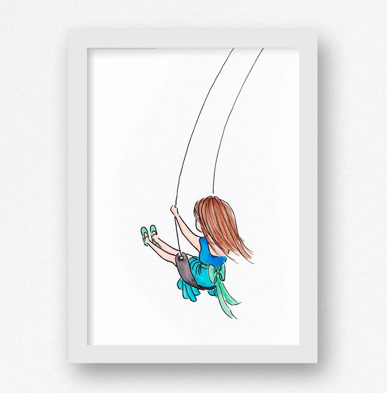 Girl Swinging On Swing Cute Girl Drawing For Girl S Room Wall Art For Girl S Nursery Wall Decor Wall Poster Art Print For Girl Blue 8x10 5x7
