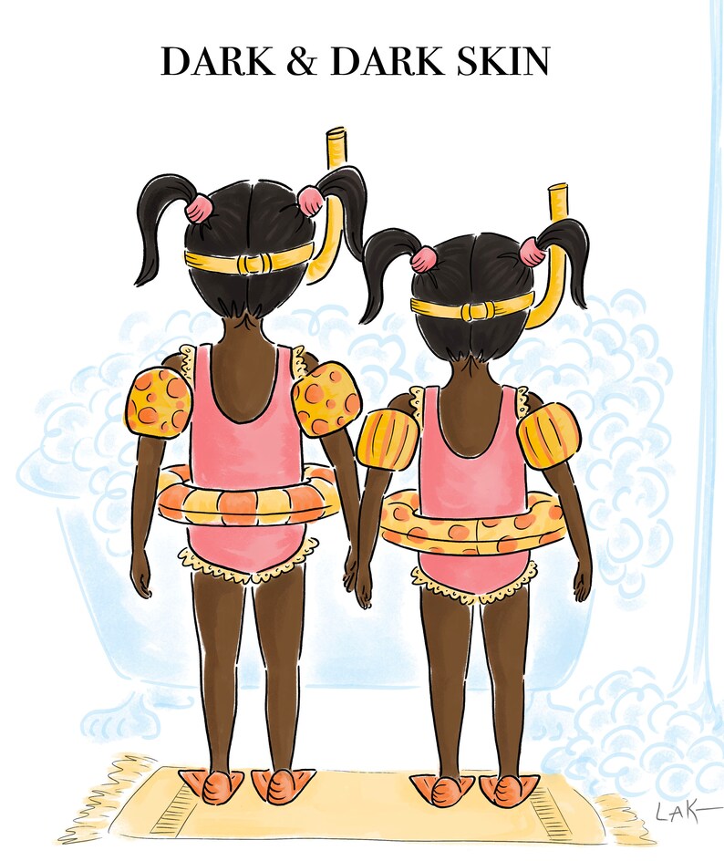 May include: Illustration of two girls with dark skin, wearing pink swimsuits, arm floaties, and swim rings. They have snorkels and are standing on a yellow rug. The text "DARK & DARK SKIN" is at the top.
