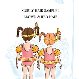 May include: Illustration of two girls with curly hair, one brown and one red, wearing swimsuits, arm floaties, and snorkels. The text "CURLY HAIR SAMPLE: BROWN & RED HAIR" is at the top. The girls are standing in a shower.