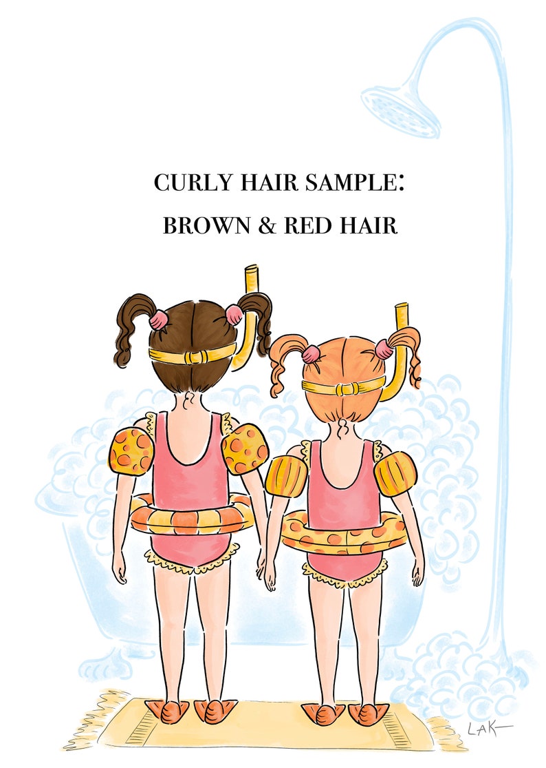 May include: Illustration of two girls with curly hair, one brown and one red, wearing swimsuits, arm floaties, and snorkels. The text "CURLY HAIR SAMPLE: BROWN & RED HAIR" is at the top. The girls are standing in a shower.