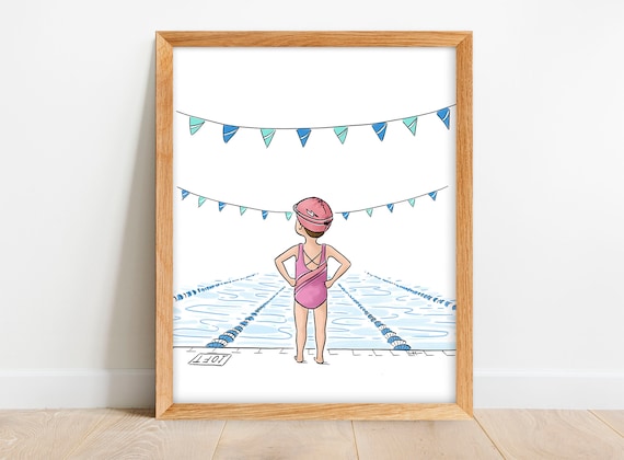 Girl Swimming Print - Drawing of Girl Swimmer - Swim Team Gift - Girl Athlete Print - Girl in Pool Art - Art for Girls Room