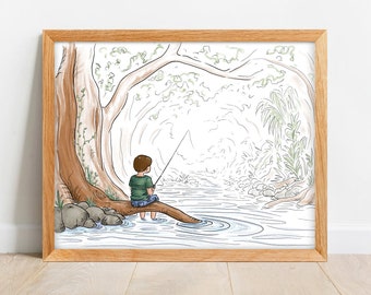 Boy Fishing Print - River Fishing Print - Art for Little Boys Room - Southern Boy Wall Art - Boy in Nature Drawing - Country Boy Art