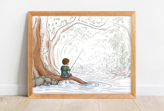 Boy Fishing Print River Fishing Print Art for Little Boys Room