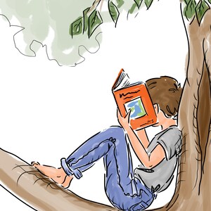 May include: An illustration of a person reading a book while sitting on a tree branch. The person is wearing blue jeans and a gray shirt. The book has an orange cover and a colorful illustration.
