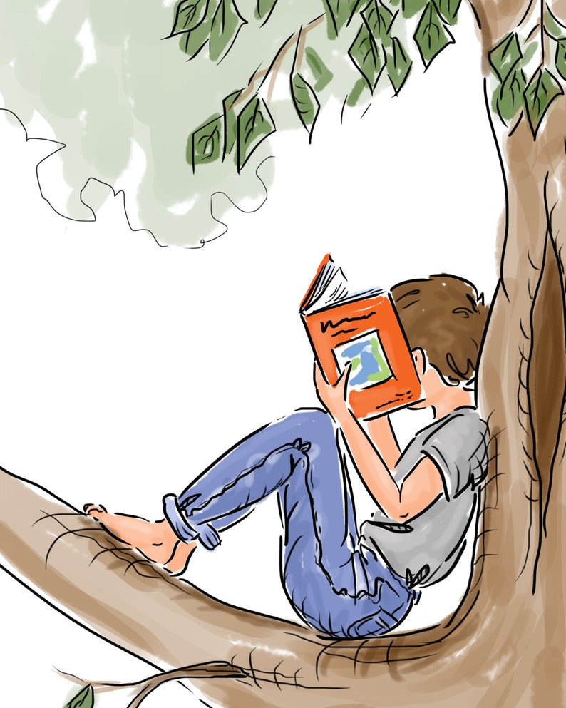 May include: An illustration of a person reading a book while sitting on a tree branch. The person is wearing blue jeans and a gray shirt. The book has an orange cover and a colorful illustration.