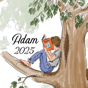 May include: A digital illustration of a person sitting in a tree reading an orange book. The person wears a gray shirt and blue jeans. The text Adam 2025 is written in black script and serif font on the left side of the tree trunk and green leaves.