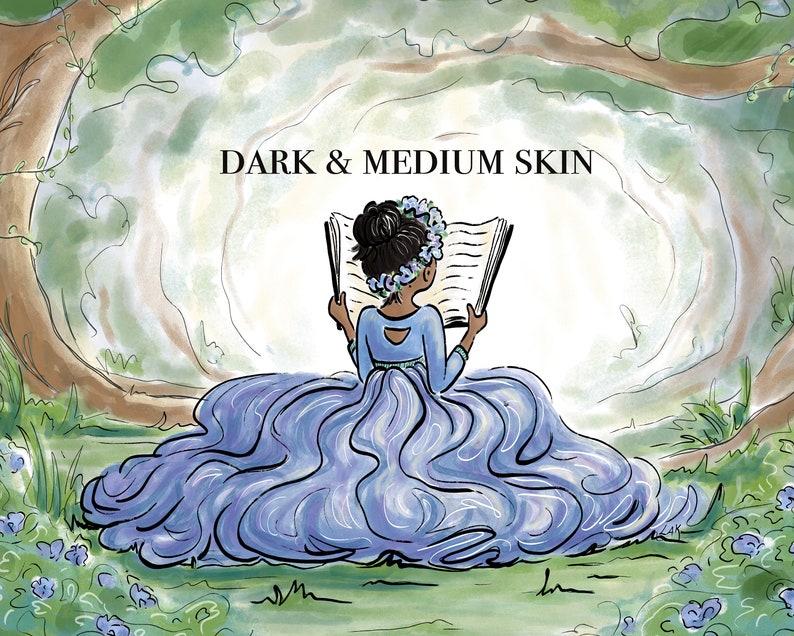 Pode incluir: Ilustra&ccedil;&atilde;o de uma pessoa com cabelo escuro e um vestido azul lendo um livro em um cen&aacute;rio de floresta. O texto "DARK & MEDIUM SKIN" &eacute; exibido acima da pessoa. A obra de arte apresenta um estilo fantasioso com cores suaves.