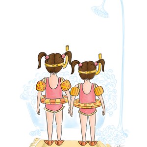 May include: Illustration of two children in pink swimsuits, holding hands, with inflatable armbands and swim rings. They wear snorkels and stand on a yellow mat in front of a bathtub with bubbles, under a shower head.