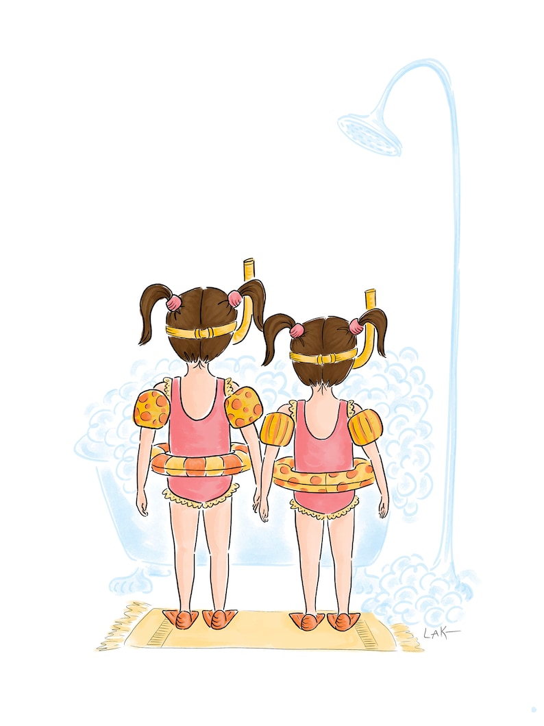 May include: Illustration of two children in pink swimsuits, holding hands, with inflatable armbands and swim rings. They wear snorkels and stand on a yellow mat in front of a bathtub with bubbles, under a shower head.