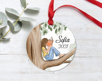 Girl Reading in Tree Ornament - Custom Ceramic Ornament - Reading Ornament - Girl in Tree Custom Christmas Ornament - Book Lover Gift