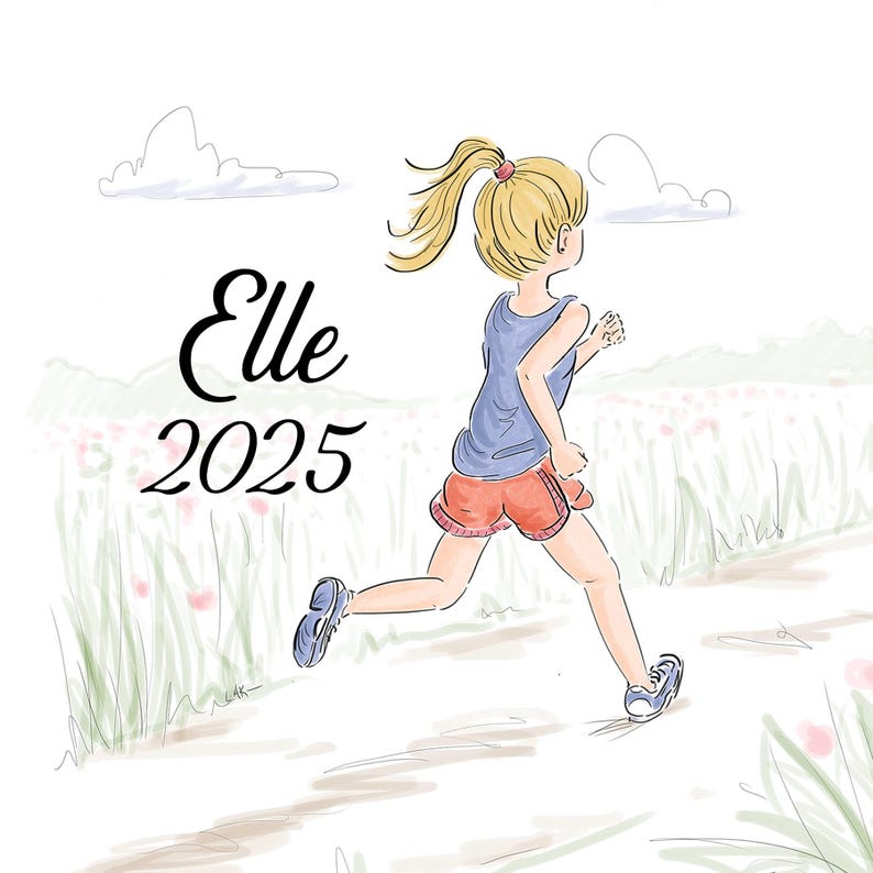Puede incluir: Una ilustraci&oacute;n digital de una persona rubia con coleta corriendo por un sendero en un campo. La persona viste una camiseta sin mangas azul, pantalones cortos naranjas y zapatillas azules. El texto Elle 2025 aparece en negro a la izquierda.