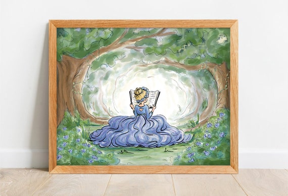 Princess Reading Print - Girls Reading Nook Art - Girl in Nature Reading - Girl Outdoors - Fairytale Art for Girls Room