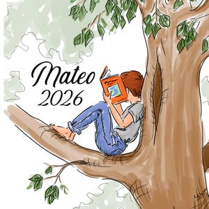 May include: A digital illustration of a person sitting on a tree branch reading an orange book. The text Mateo 2026 is printed in black script and sans-serif font. The person wears a gray t-shirt and blue jeans, with bare feet visible.