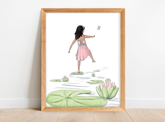 Girl on Lily Pad Art Print Lily Flower Art Botanical Art for Girls Nursery  Print of Girl Dancing in Nature Butterfly Wall Art 