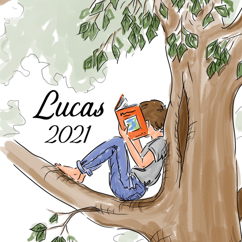 May include: A digital illustration of a person sitting on a tree branch reading an orange book. The person wears a gray shirt and blue jeans. The text "Lucas 2021" is printed in black script and sans-serif font on the left side of the image.
