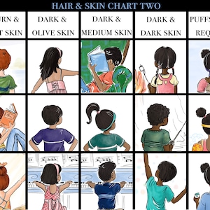 May include: An illustrated chart titled "HAIR & SKIN CHART TWO" with nine panels. Each panel features a child with different skin tones and hairstyles. The chart includes text labels such as "Auburn & Light Skin" and "Dark & Olive Skin". The children are engaged in various activities.