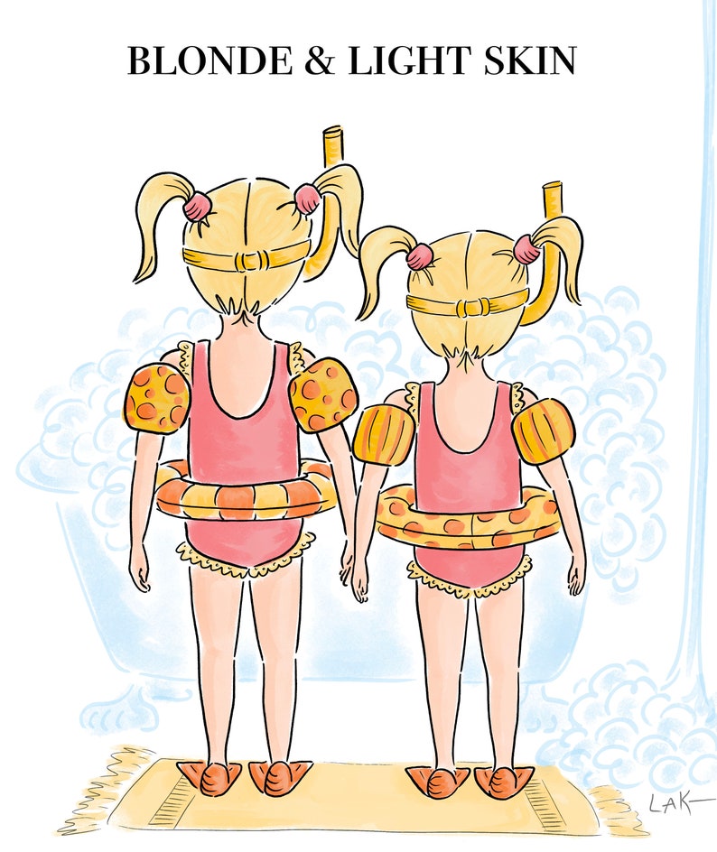 May include: Illustration of two girls with blonde pigtails, wearing pink swimsuits, arm floaties, and inflatable rings. They are standing on a yellow rug, with the text "BLONDE & LIGHT SKIN" at the top. The background shows a bathtub.