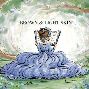 Pode incluir: Ilustra&ccedil;&atilde;o de uma pessoa com cabelo castanho e pele clara, vestida com um vestido azul e lendo um livro. O texto "BROWN & LIGHT SKIN" est&aacute; acima da pessoa. O fundo apresenta uma cena de floresta com folhagem verde e &aacute;rvores.