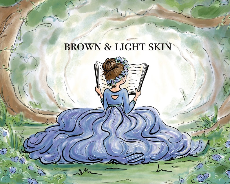Pode incluir: Ilustra&ccedil;&atilde;o de uma pessoa com cabelo castanho e pele clara, vestida com um vestido azul e lendo um livro. O texto "BROWN & LIGHT SKIN" est&aacute; acima da pessoa. O fundo apresenta uma cena de floresta com folhagem verde e &aacute;rvores.